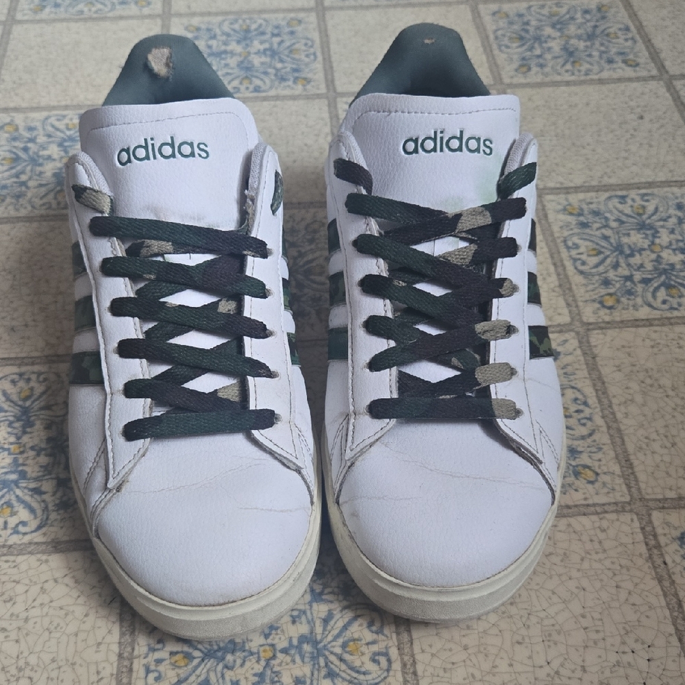 Adidas White Sneakers with Dark Green Stripes